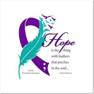 Suicide Hope Feather Ribbon, black type Posters and Art
